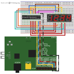 A diagram of the breadboard for one 2 segment display - click to enlarge